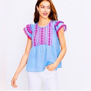 LOFT Blue Chambray
Top Pink Embroidered
Flutter Sleeve Pom Trim
Size Large